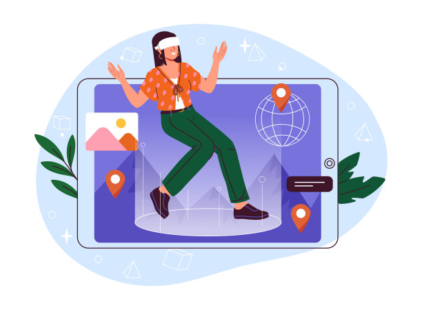 虚拟导游。小女孩戴着虚拟现实眼镜。在网络空间和虚拟世界旅行。现代技术和创新。平面矢量图图片下载