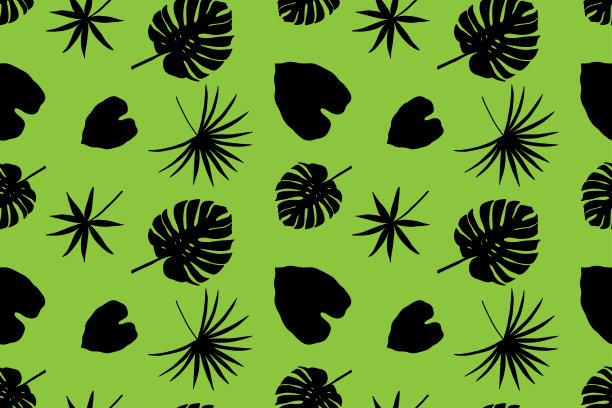 明亮的夏季热带矢量无缝模式与各种热带植物和叶子在浅绿色的背景。图片下载