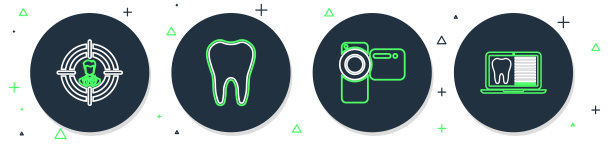 集线牙齿，电影摄像机，猎头和笔记本电脑与牙科卡图标。向量图片下载