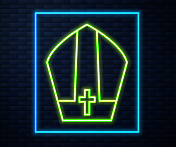 发光的霓虹灯线教皇帽子图标孤立的砖墙背景。基督教的帽子标志。向量图片下载