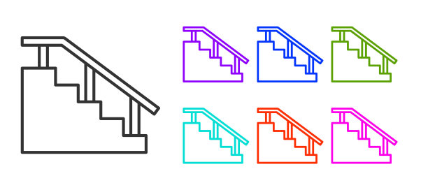 黑色线滑板楼梯与轨道图标隔离在白色背景。设置图标彩色。向量图片下载