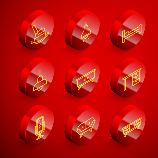 设置线摇椅，挂灯，床，家具床头柜，办公桌，大全长镜子和沙发图标。向量图片下载