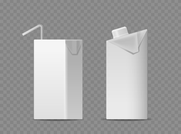 空白牛奶和果汁盒隔离透明背景。一个盒子有吸管，另一个有螺旋盖图片下载