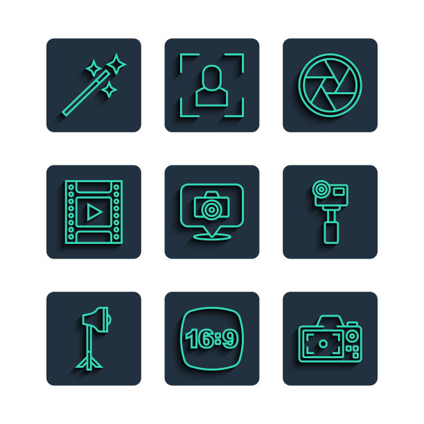 设置线工作室灯泡在软箱，照片框16，相机，相机快门，胶卷卷墨盒，润饰和动作极端图标。向量图片下载