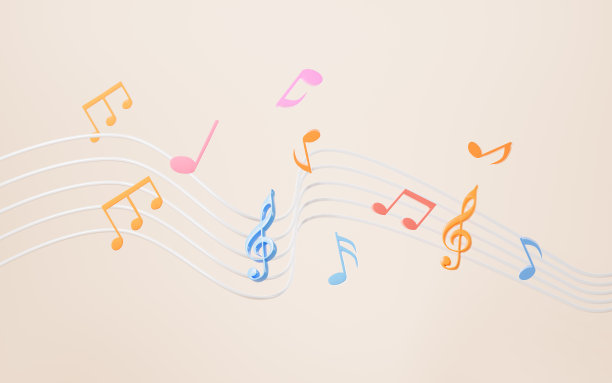 黄色背景的卡通五线谱和音符，3d渲染。图片下载