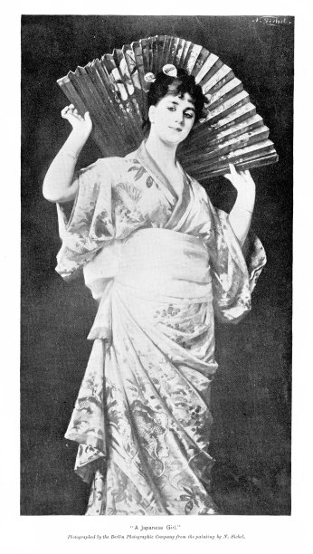 19世纪日本文化，身穿和服手持扇子的日本女子图片下载