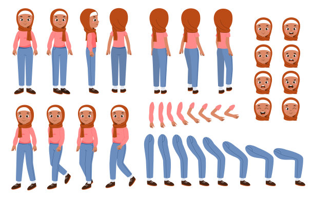 穆斯林妇女构造器组。戴头巾的阿拉伯女孩。人在不同的姿势和角度的观点。包腿，手臂和头部创建动画。平面矢量集合图片下载