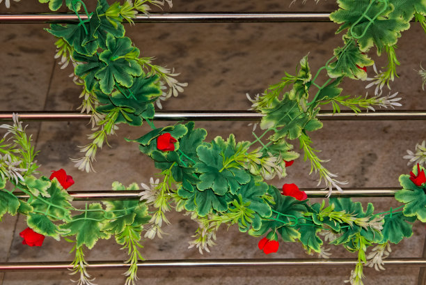 塑料制成的绿色花环互相绑在一起装饰的静态图片图片下载