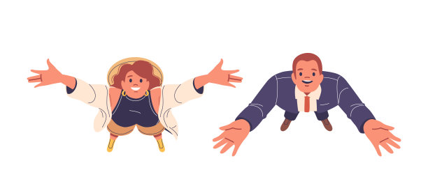 两个快乐的人，一男一女，张开双臂向上看。人物看起来很高兴图片下载