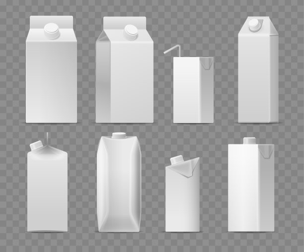 收集牛奶和果汁包装在不同的形状和大小。现实的三维矢量模型的纸箱图片下载