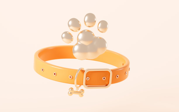 卡通宠物项圈和宠物爪子在黄色背景，3d渲染。图片下载