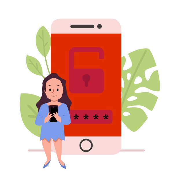 一个女孩和一个巨大的解锁手机屏幕，说明了儿童小工具的使用。图片下载