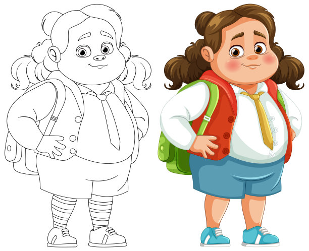 彩色和线条艺术绘画的一个开朗的女孩图片下载