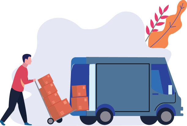 一个男孩正在用手推车把纸箱装上卡车。图片下载