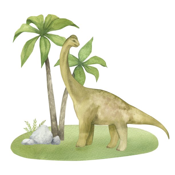 水彩插图的恐龙梁龙在绿色的草地上与棕榈树，水彩纹理，手工制作，孤立。用于儿童房间装饰，海报，邀请函图片下载