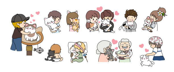 一组人拥抱猫在白色背景矢量插图图片下载