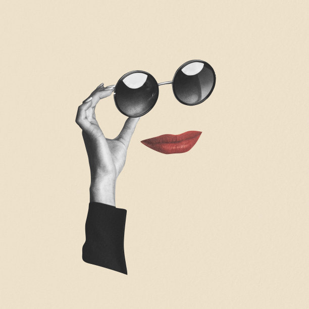 手、眼镜和嘴唇的超现实拼贴画图片下载