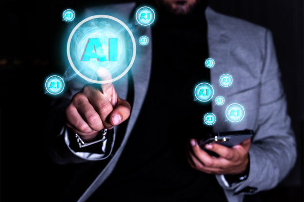 一个商人用手机用手指着前面的特写。使用人工智能的概念图片下载