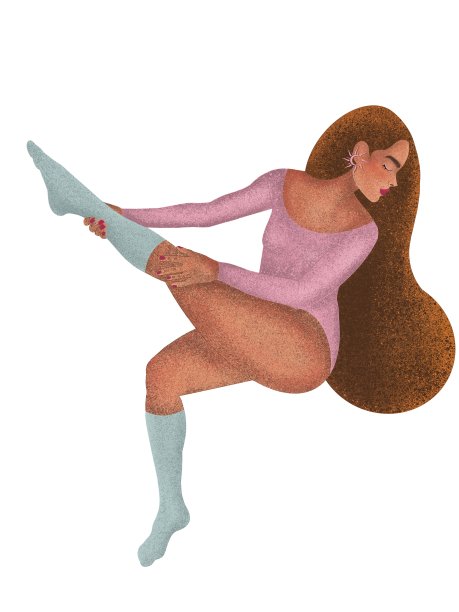 一个长发女人，穿着紧身衣和长袜，一条腿在蓝色背景上抬起图片下载