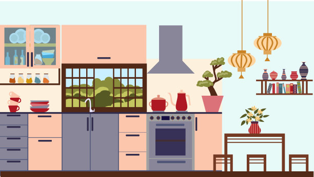 现代厨房的内部，水槽上方有一扇窗，日式风格。这幅插图是用平面画法绘制的。图片下载