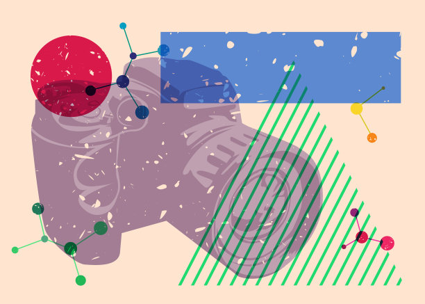 Risograph照相机，具有几何形状的摄影设备。物体以时尚的riso图形打印纹理风格设计与几何元素。图片下载