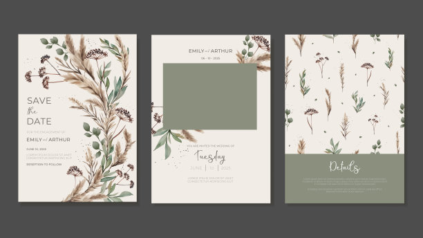 婚礼邀请模板手绘水彩草，干花，潘帕斯草，谷物与照片的地方。质朴或波西米亚婚礼在自然柔和的颜色。向量图片下载