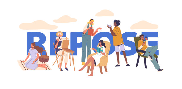 休息概念，不同的人物群体从事休闲活动，如绘画，阅读，聊天图片下载