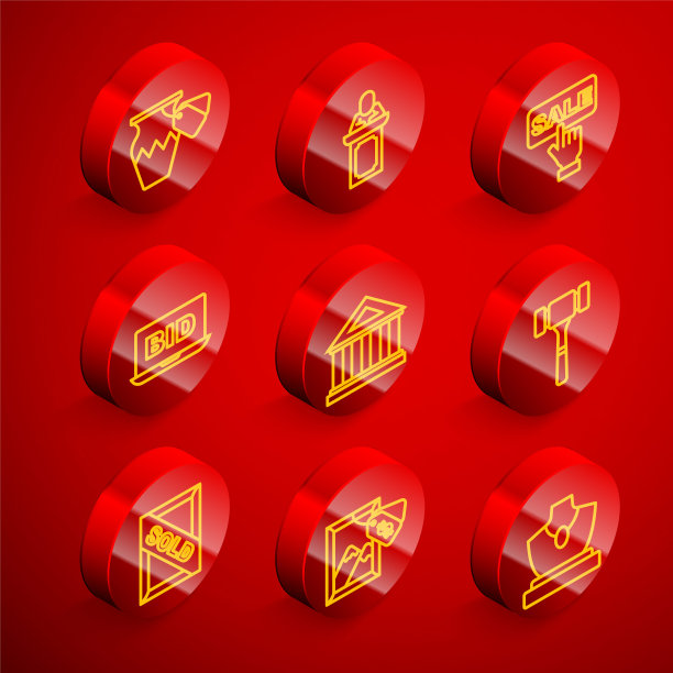 在线拍卖古花瓶，拍卖商出售，价格标签与销售，在线，博物馆建筑，锤子，绘画出售和图标。向量图片下载