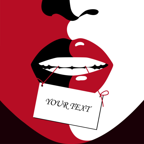 美丽的女孩，带着洁白的牙齿微笑，极简主义风格，举着一个写着文字的横幅。图片下载