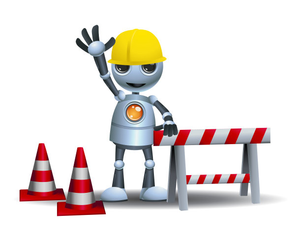 一个小机器人在施工符号的3D插图图片下载