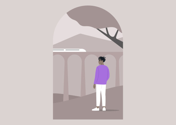 一个孤独的身影站在高架桥下，凝视着远处的城市风光。夕阳的柔光在画面上投下长长的阴影图片下载