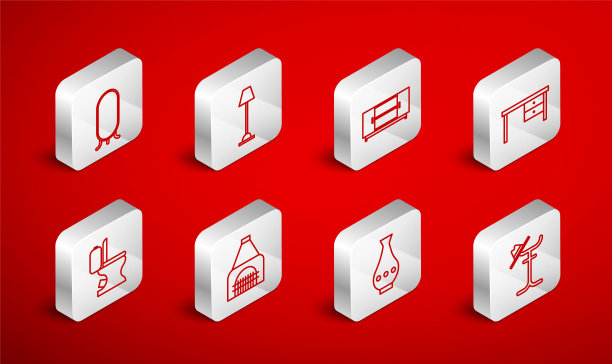 套装架，落地灯，电视桌，办公桌，花瓶，大全长镜子，室内壁炉和马桶图标。向量图片下载