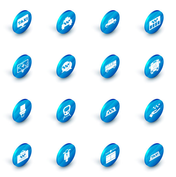 设置出租车，汽车，出租车计价器，Gps设备与地图，安全带，电话服务，巴士和图标。向量图片下载
