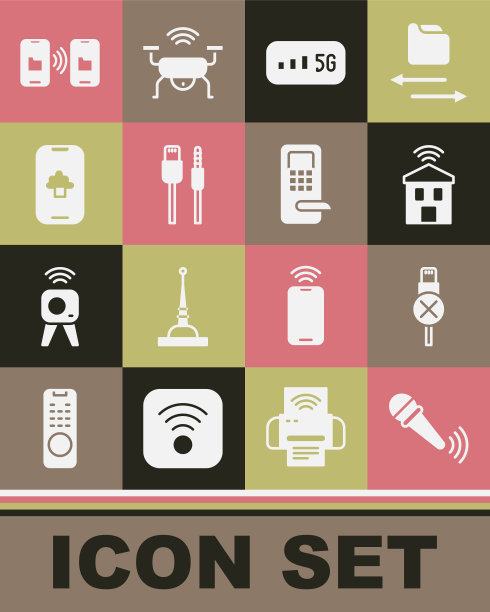 设置无线麦克风，无usb数据线，智能家居wi-fi, 5G无线互联网，usb，云技术数据，数据传输和存储以及数字门锁图标。向量图片下载