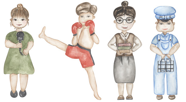 儿童人物集合:一套不同的职业在可爱的风格，ABC职业插图，水彩儿童教育图形:记者，踢拳击手，图书管理员和送奶工剪贴画图片下载