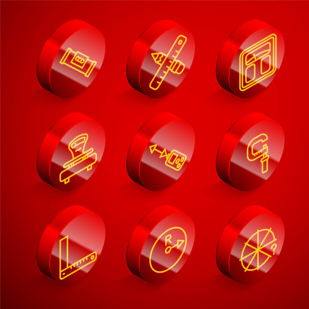 设置线建设泡沫水平，十字尺和铅笔，浴室尺度，尺度，激光测距仪，千分尺，角和半径图标。向量图片下载