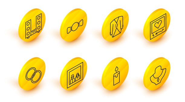 集线项链人体模型，燃烧的蜡烛，家庭照片，结婚戒指，相框心，西装，领结和家庭立体声与两个扬声器图标。向量图片下载