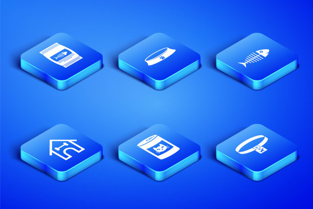 集狗项圈，袋装食物的猫，罐头，房子和骨头，宠物碗和鱼骨架图标。向量图片下载