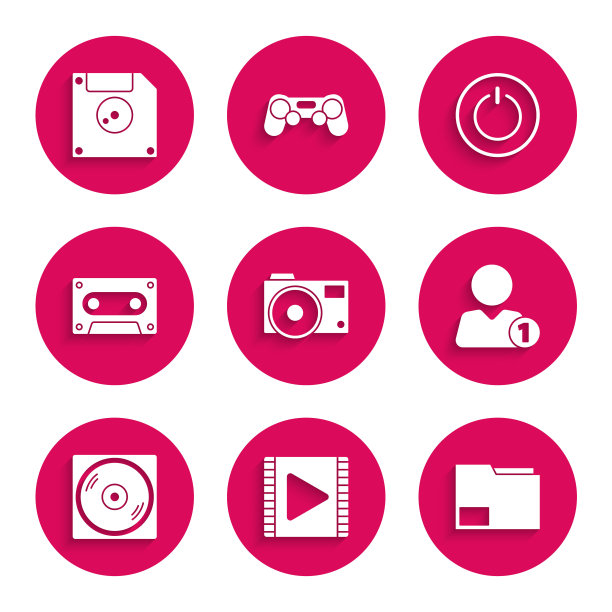 设置照片相机，播放视频，文档文件夹，添加朋友，黑胶磁盘，复古音频磁带，电源按钮和软盘计算机数据存储图标。向量图片下载