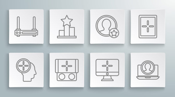 设置线猎头概念，星，便携式视频游戏机，电脑显示器，创建帐户屏幕，高级创建，平板电脑和路由器和wi-fi信号图标。向量图片下载