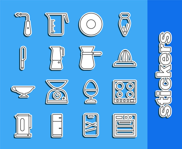 集线烤箱，煤气炉，柑橘果汁机，盘子，摩卡壶，刀，长电打火机和咖啡土耳其图标。向量图片下载