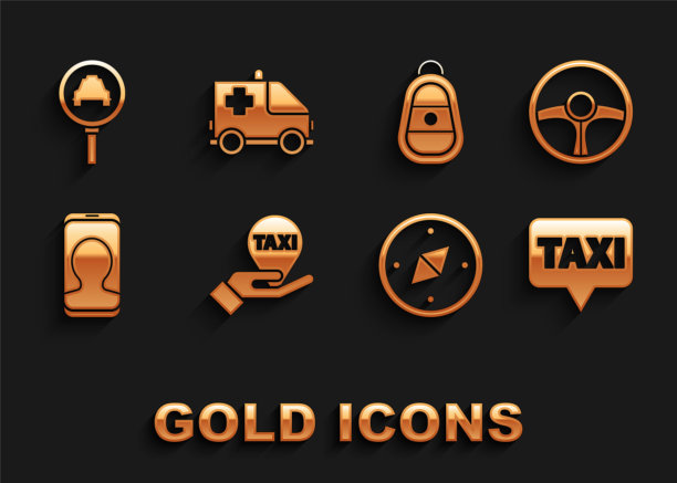 设置手在地图指针出租车，方向盘，地图，指南针，出租车呼叫电话服务，汽车钥匙遥控器，放大镜汽车和救护车紧急图标。向量图片下载