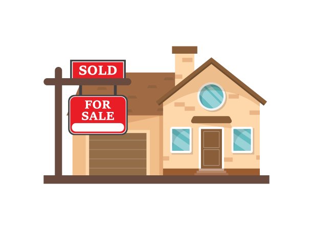 房地产横幅与房屋图标在平面风格。销售标签矢量插图上孤立的背景。销售标识经营理念。图片下载