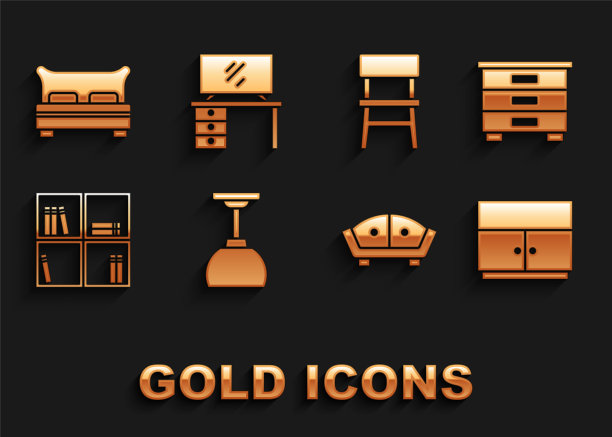 集灯挂，家具床头柜，衣柜，沙发，书架与书籍，椅子，大床和电视桌图标。向量图片下载