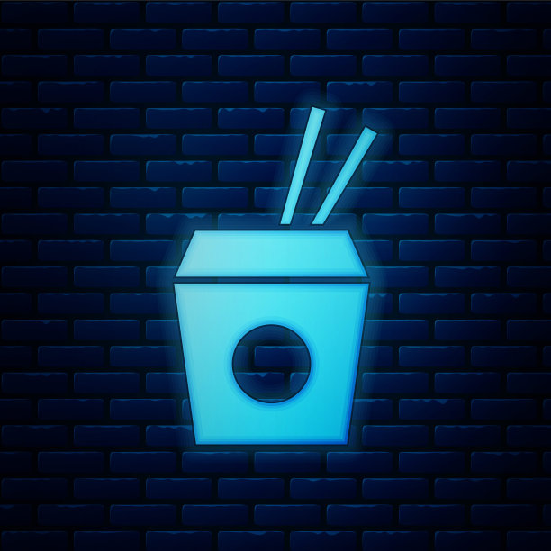 发光的霓虹亚洲面条在纸盒和筷子图标孤立的砖墙背景。街头快餐。图片下载