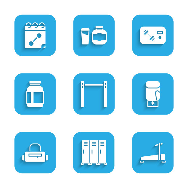 设置单杠，更衣室，跑步机，拳击手套，运动包，运动营养，健身俱乐部，健身卡和日历健身图标。向量图片下载