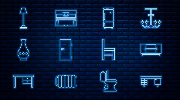 办公桌，电视桌架，冰箱，闭门，花瓶，落地灯，椅子和钢琴图标。向量图片下载