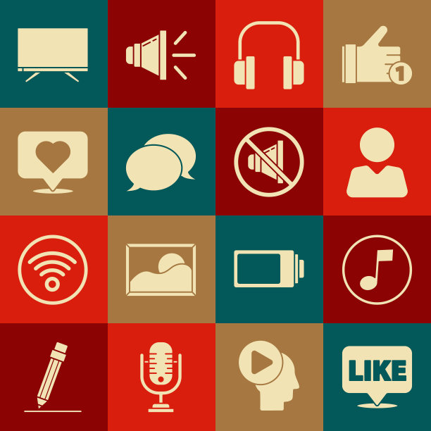 在语音泡泡、音乐笔记、音调、添加朋友、耳机、语音聊天、心脏、智能电视和扬声器静音图标中设置喜欢。向量图片下载