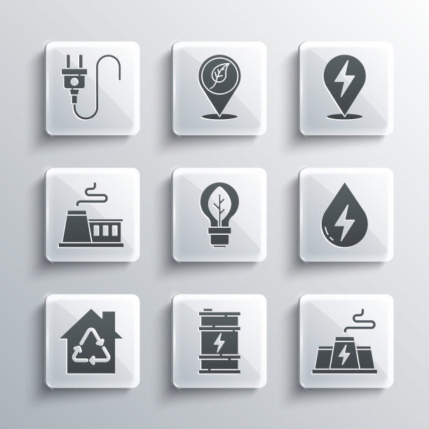 集生物燃料桶，电站工厂，水能，灯泡与叶片，生态房屋回收，工厂，电插头和闪电螺栓图标。向量图片下载