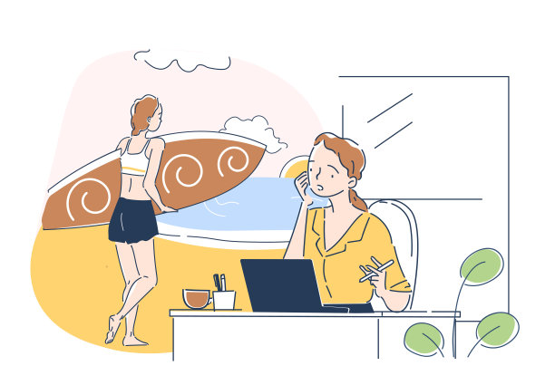 女人在工作时做梦。女孩梦想在热带国家的海滩上度假。工人们想到的是假期和假期，旅行和旅游。线性向量图解图片下载